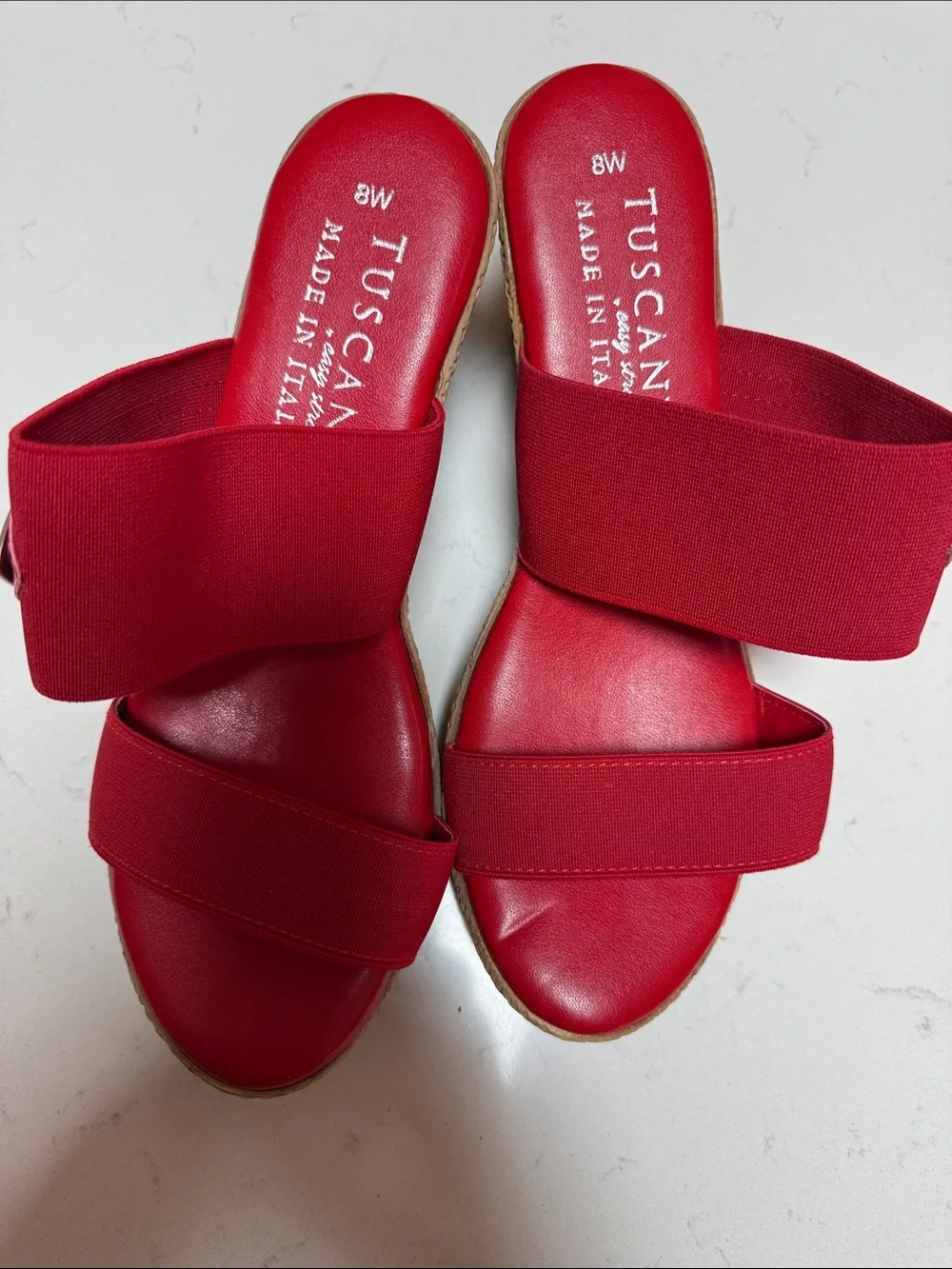 easy street Red Elastic Strap Wedge Sandals with Jute Platform